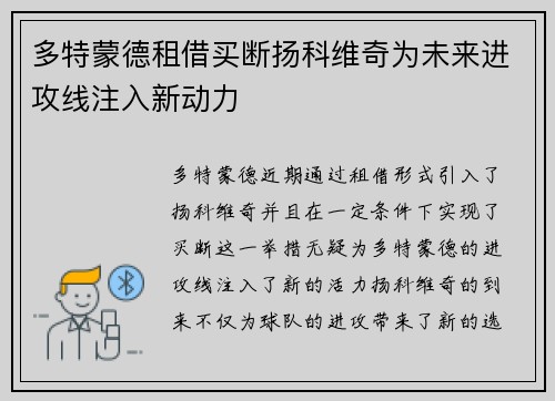多特蒙德租借买断扬科维奇为未来进攻线注入新动力