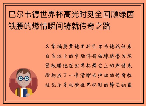 巴尔韦德世界杯高光时刻全回顾绿茵铁腰的燃情瞬间铸就传奇之路