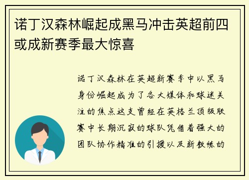 诺丁汉森林崛起成黑马冲击英超前四或成新赛季最大惊喜