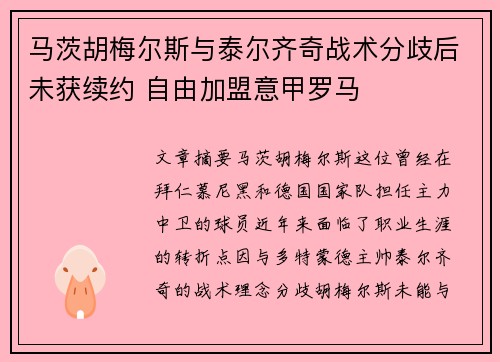 马茨胡梅尔斯与泰尔齐奇战术分歧后未获续约 自由加盟意甲罗马